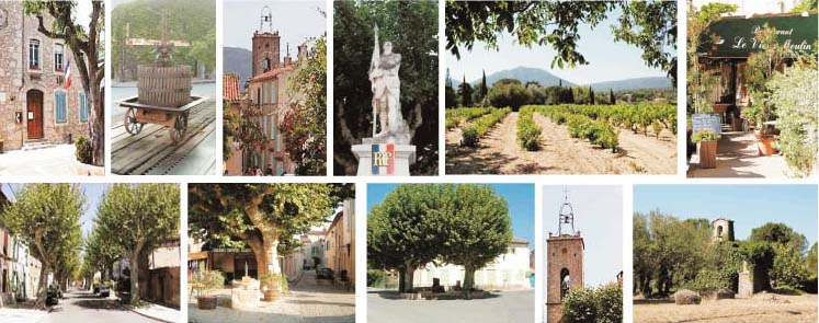 A montage of 11 images captureing a feel for Plan de la Tour. Old buildings, wine press, church, statue and vinyards.
